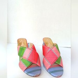TL RUTHIE Block Heel Mules‎ Colorful Striped Open Toe Slides Size 9M